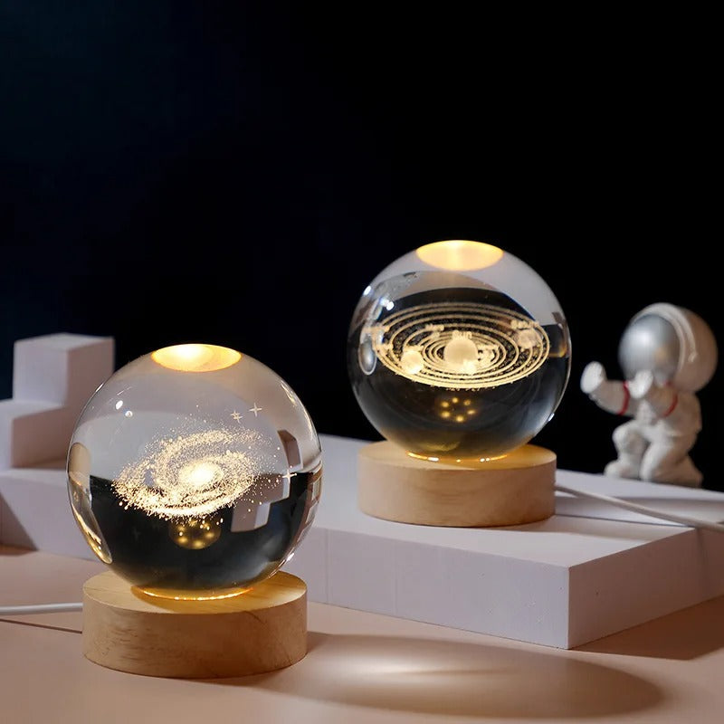 3D Galaxy Crystal Ball Night Light – Astronaut, Moon & Planet Glow Lamp